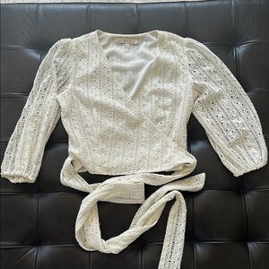 Wayf White V-Neck Blouse with Intricate Knit Design